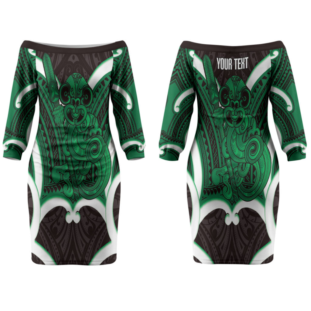 Kakariki Aotearoa Atua Tumatauenga Personalised Couples Matching Off The Shoulder Long Sleeve Dress and Hawaiian Shirt Maori God Of War Tiki With Taiaha