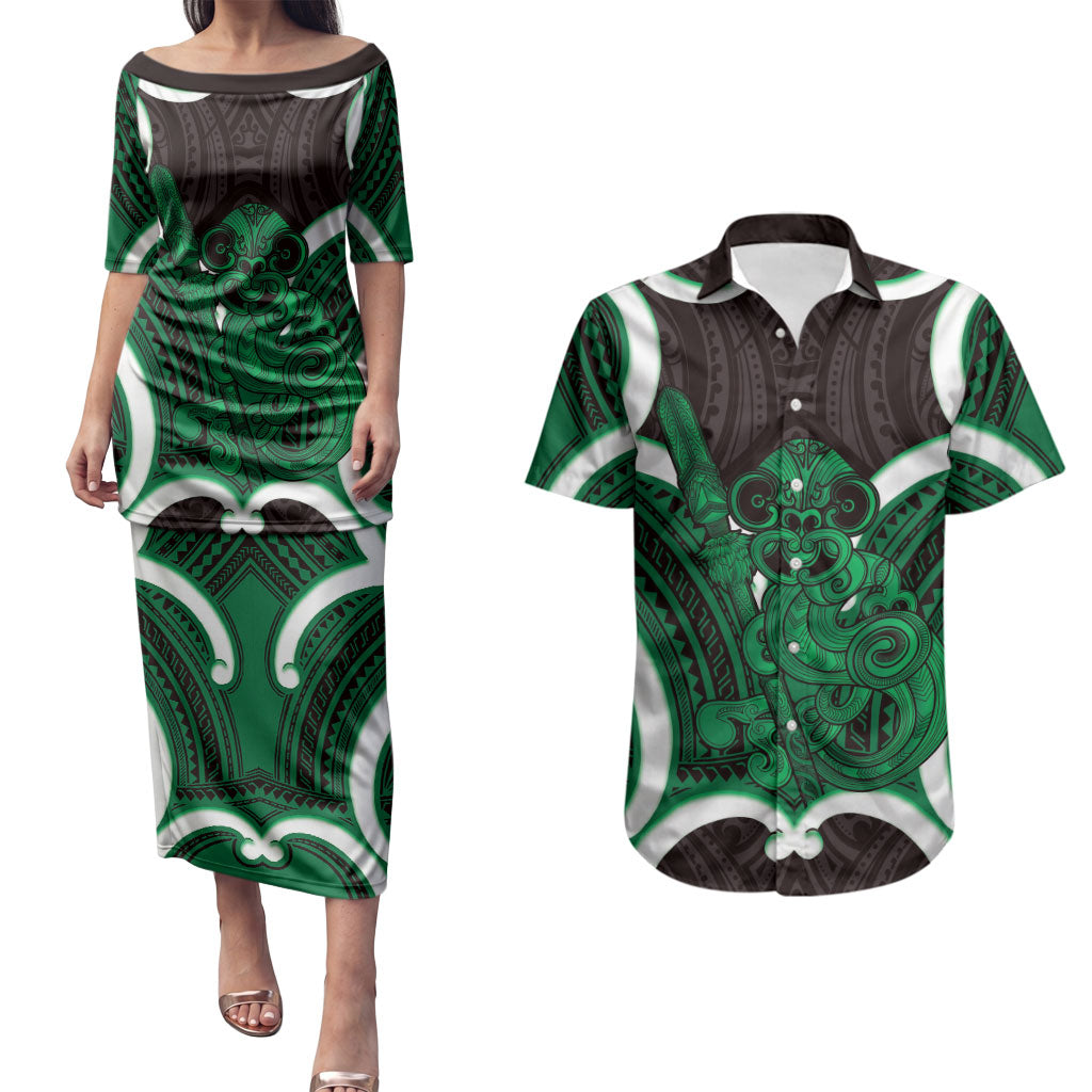 Kakariki Aotearoa Atua Tumatauenga Personalised Couples Matching Puletasi and Hawaiian Shirt Maori God Of War Tiki With Taiaha
