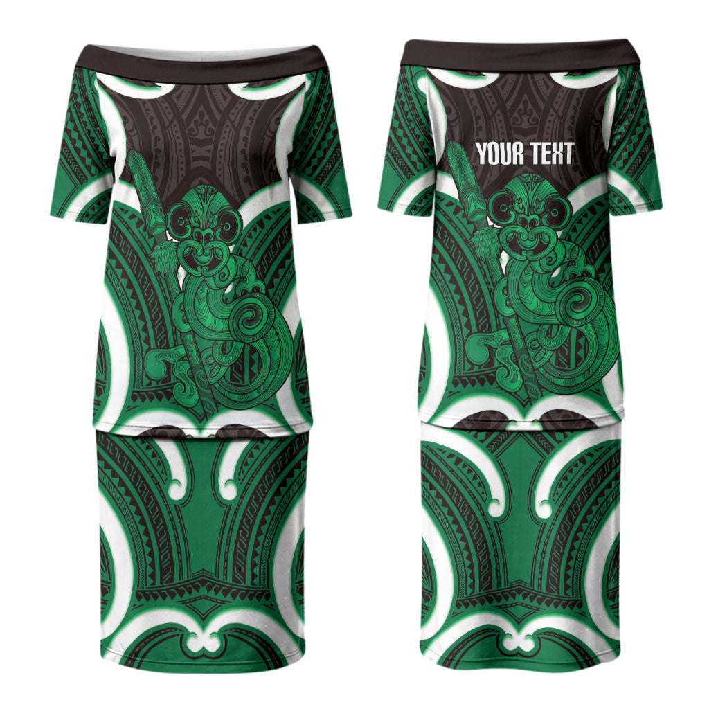 Kakariki Aotearoa Atua Tumatauenga Personalised Couples Matching Puletasi and Hawaiian Shirt Maori God Of War Tiki With Taiaha