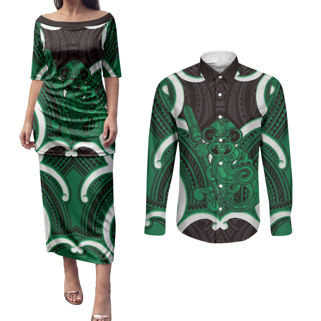 Kakariki Aotearoa Atua Tumatauenga Personalised Couples Matching Puletasi and Long Sleeve Button Shirt Maori God Of War Tiki With Taiaha