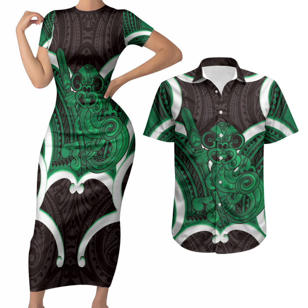 Kakariki Aotearoa Atua Tumatauenga Personalised Couples Matching Short Sleeve Bodycon Dress and Hawaiian Shirt Maori God Of War Tiki With Taiaha