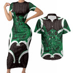 Kakariki Aotearoa Atua Tumatauenga Personalised Couples Matching Short Sleeve Bodycon Dress and Hawaiian Shirt Maori God Of War Tiki With Taiaha