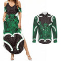 Kakariki Aotearoa Atua Tumatauenga Personalised Couples Matching Summer Maxi Dress and Long Sleeve Button Shirt Maori God Of War Tiki With Taiaha