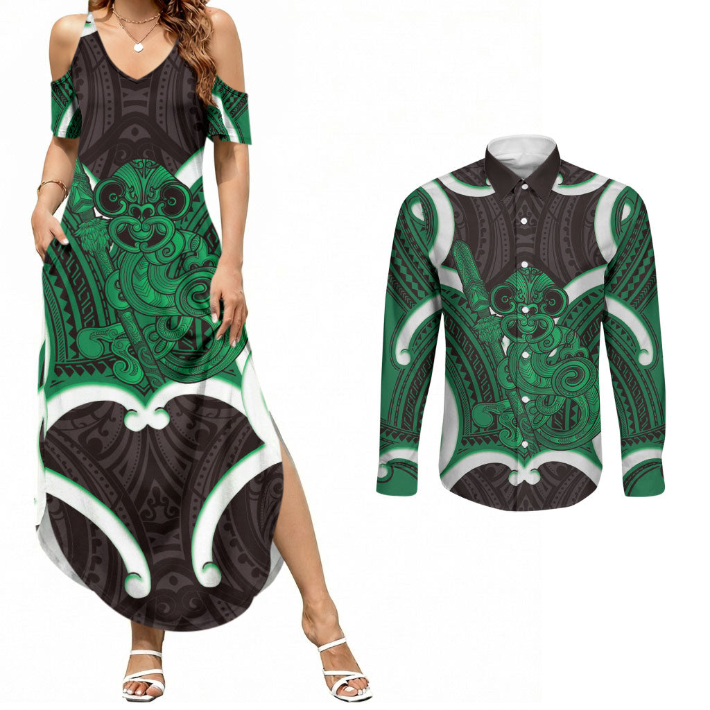 Kakariki Aotearoa Atua Tumatauenga Personalised Couples Matching Summer Maxi Dress and Long Sleeve Button Shirt Maori God Of War Tiki With Taiaha