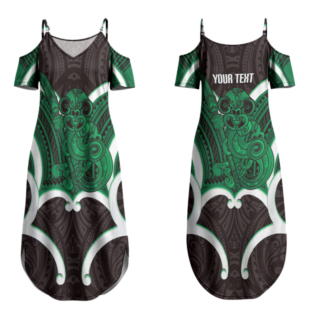 Kakariki Aotearoa Atua Tumatauenga Personalised Couples Matching Summer Maxi Dress and Long Sleeve Button Shirt Maori God Of War Tiki With Taiaha