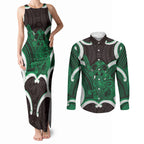Kakariki Aotearoa Atua Tumatauenga Personalised Couples Matching Tank Maxi Dress and Long Sleeve Button Shirt Maori God Of War Tiki With Taiaha
