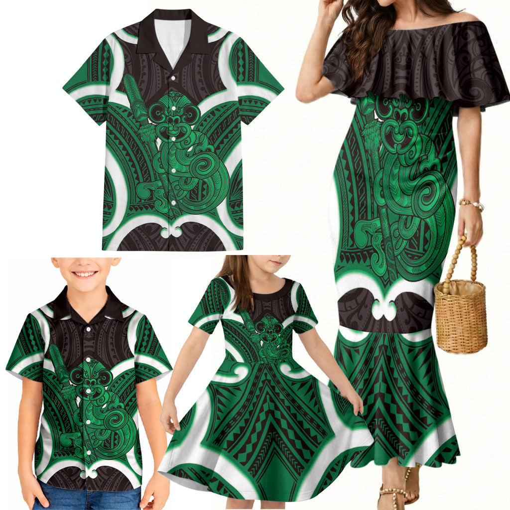 Kakariki Aotearoa Atua Tumatauenga Personalised Family Matching Mermaid Dress and Hawaiian Shirt Maori God Of War Tiki With Taiaha