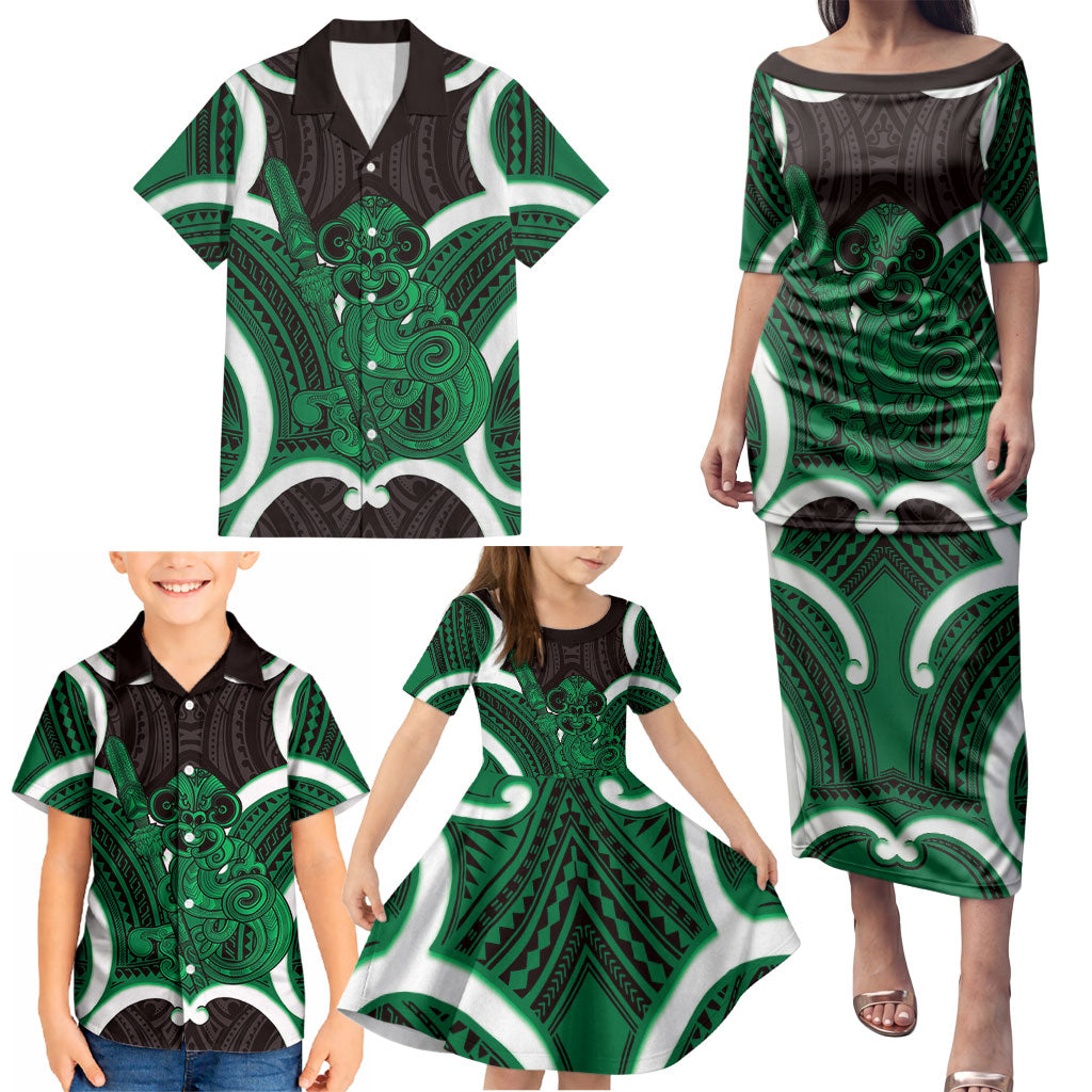 Kakariki Aotearoa Atua Tumatauenga Personalised Family Matching Puletasi and Hawaiian Shirt Maori God Of War Tiki With Taiaha
