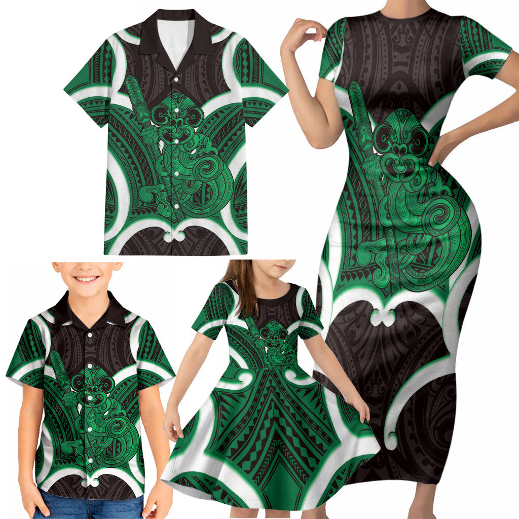 Kakariki Aotearoa Atua Tumatauenga Personalised Family Matching Short Sleeve Bodycon Dress and Hawaiian Shirt Maori God Of War Tiki With Taiaha