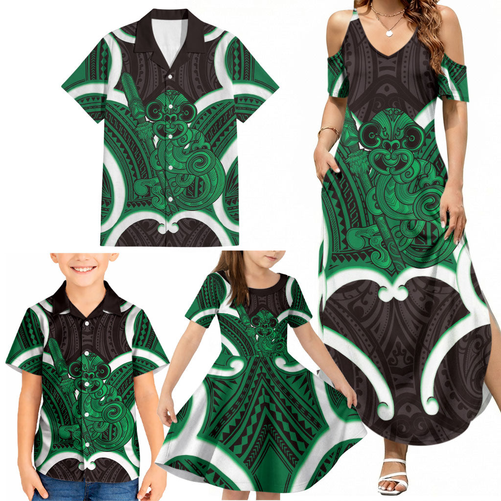Kakariki Aotearoa Atua Tumatauenga Personalised Family Matching Summer Maxi Dress and Hawaiian Shirt Maori God Of War Tiki With Taiaha