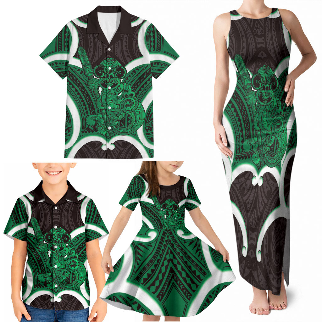 Kakariki Aotearoa Atua Tumatauenga Personalised Family Matching Tank Maxi Dress and Hawaiian Shirt Maori God Of War Tiki With Taiaha