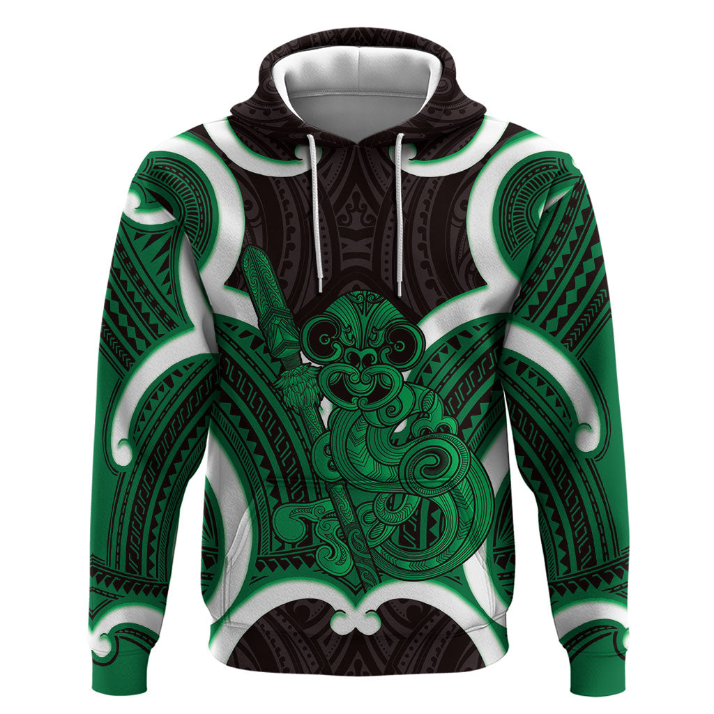 Kakariki Aotearoa Atua Tumatauenga Personalised Hoodie Maori God Of War Tiki With Taiaha