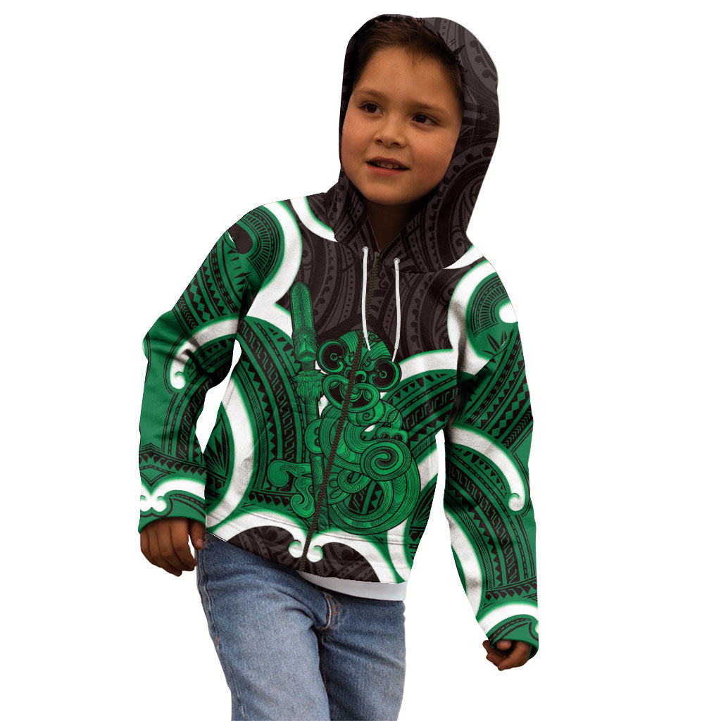 Kakariki Aotearoa Atua Tumatauenga Personalised Kid Hoodie Maori God Of War Tiki With Taiaha