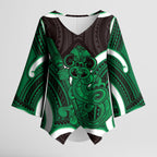 Kakariki Aotearoa Atua Tumatauenga Personalised Kimono Sleeve Blouse Maori God Of War Tiki With Taiaha