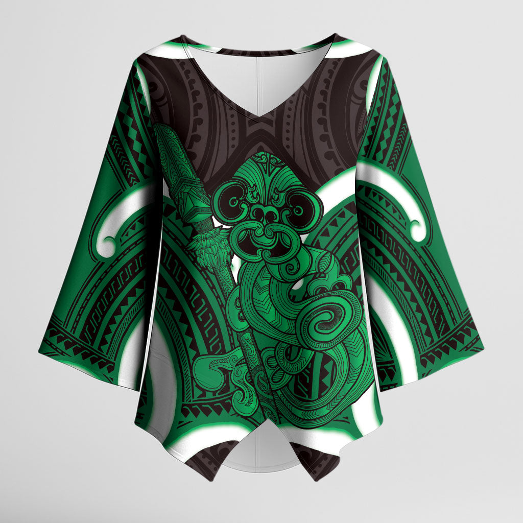 Kakariki Aotearoa Atua Tumatauenga Personalised Kimono Sleeve Blouse Maori God Of War Tiki With Taiaha