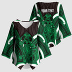 Kakariki Aotearoa Atua Tumatauenga Personalised Kimono Sleeve Blouse Maori God Of War Tiki With Taiaha