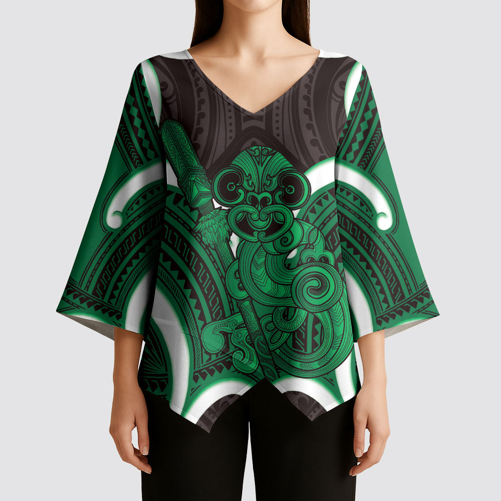 Kakariki Aotearoa Atua Tumatauenga Personalised Kimono Sleeve Blouse Maori God Of War Tiki With Taiaha