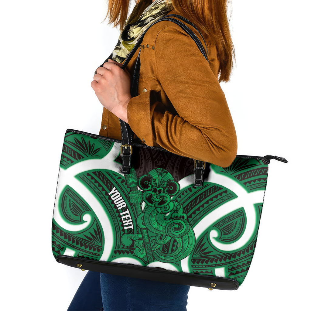 Kakariki Aotearoa Atua Tumatauenga Personalised Leather Tote Bag Maori God Of War Tiki With Taiaha