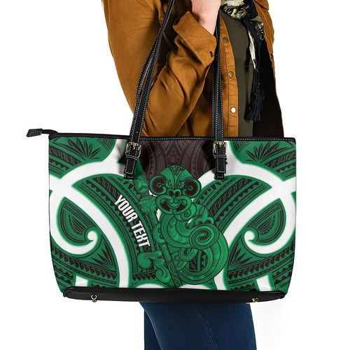 Kakariki Aotearoa Atua Tumatauenga Personalised Leather Tote Bag Maori God Of War Tiki With Taiaha