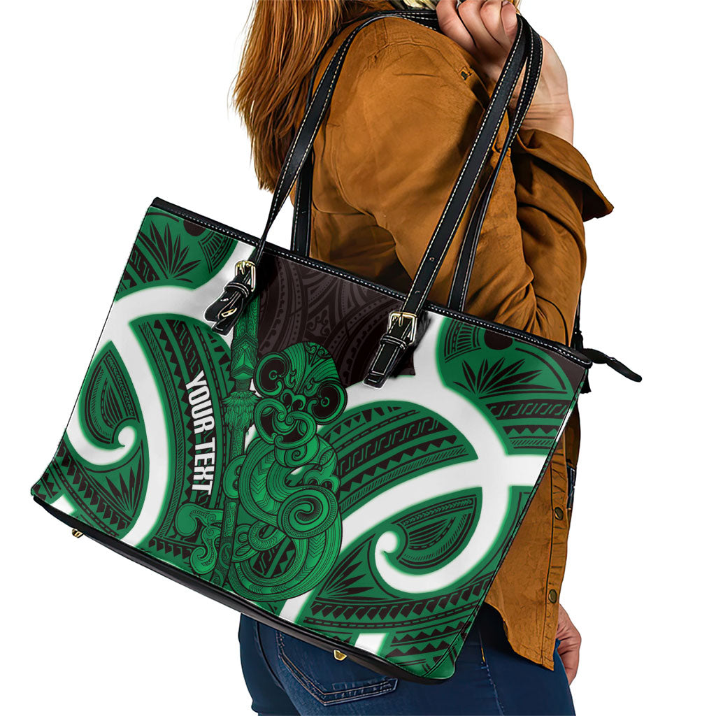 Kakariki Aotearoa Atua Tumatauenga Personalised Leather Tote Bag Maori God Of War Tiki With Taiaha