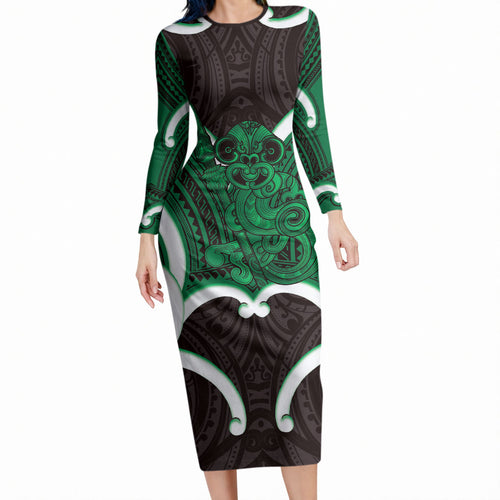 Kakariki Aotearoa Atua Tumatauenga Personalised Long Sleeve Bodycon Dress Maori God Of War Tiki With Taiaha