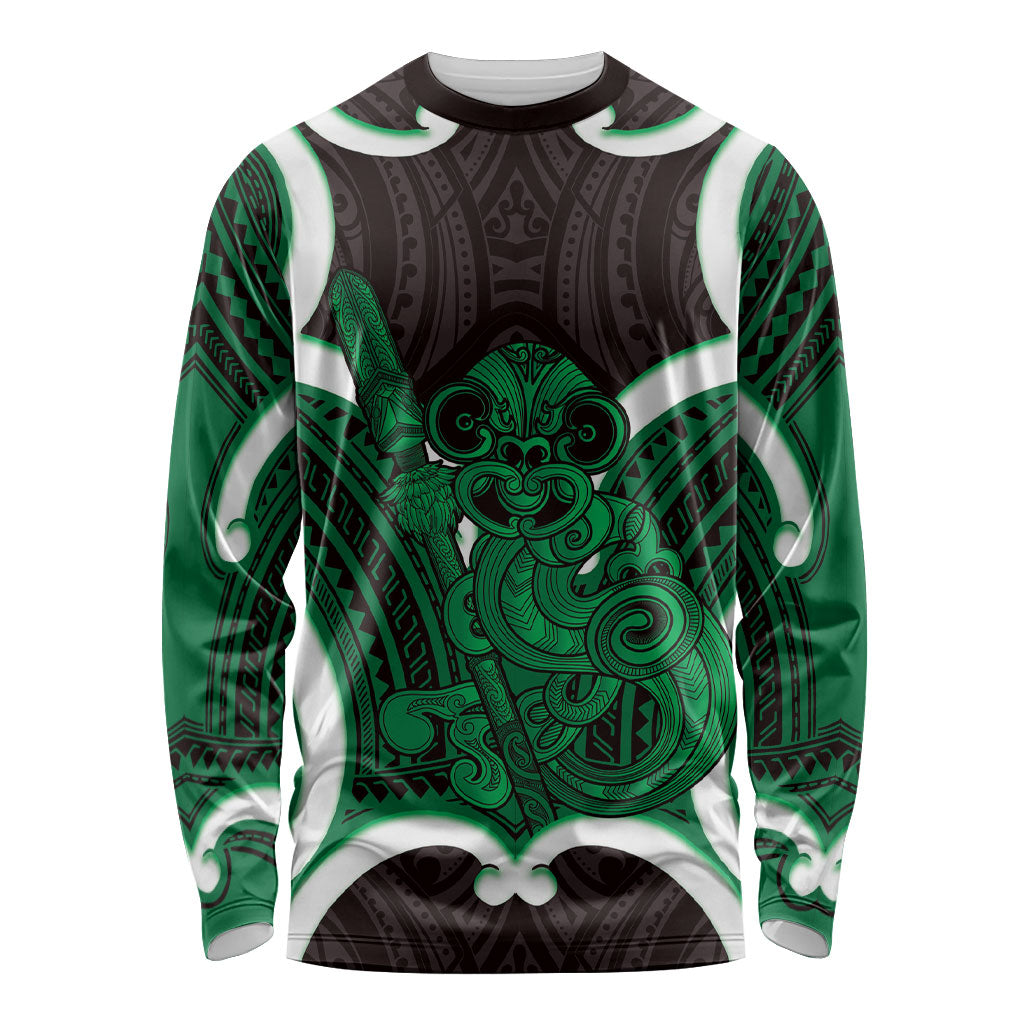 Kakariki Aotearoa Atua Tumatauenga Personalised Long Sleeve Shirt Maori God Of War Tiki With Taiaha