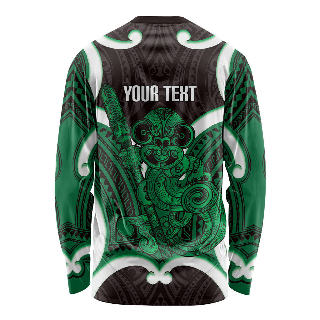 Kakariki Aotearoa Atua Tumatauenga Personalised Long Sleeve Shirt Maori God Of War Tiki With Taiaha
