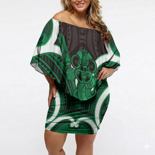 Kakariki Aotearoa Atua Tumatauenga Personalised Off Shoulder Short Dress Maori God Of War Tiki With Taiaha