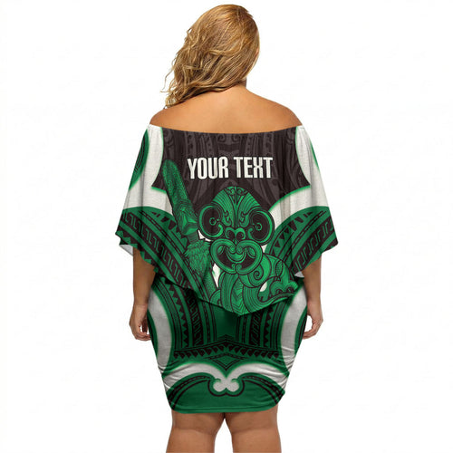 Kakariki Aotearoa Atua Tumatauenga Personalised Off Shoulder Short Dress Maori God Of War Tiki With Taiaha