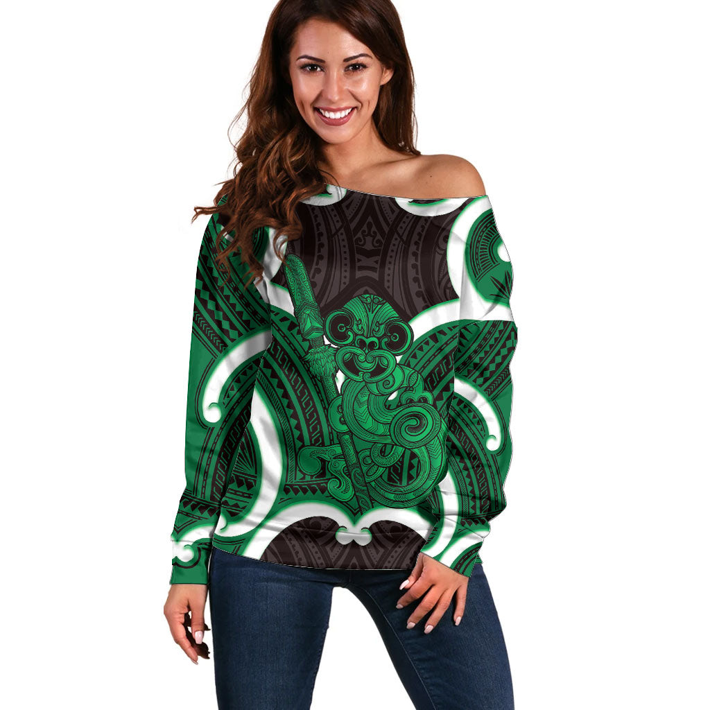 Kakariki Aotearoa Atua Tumatauenga Personalised Off Shoulder Sweater Maori God Of War Tiki With Taiaha