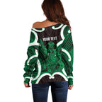 Kakariki Aotearoa Atua Tumatauenga Personalised Off Shoulder Sweater Maori God Of War Tiki With Taiaha