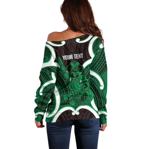 Kakariki Aotearoa Atua Tumatauenga Personalised Off Shoulder Sweater Maori God Of War Tiki With Taiaha