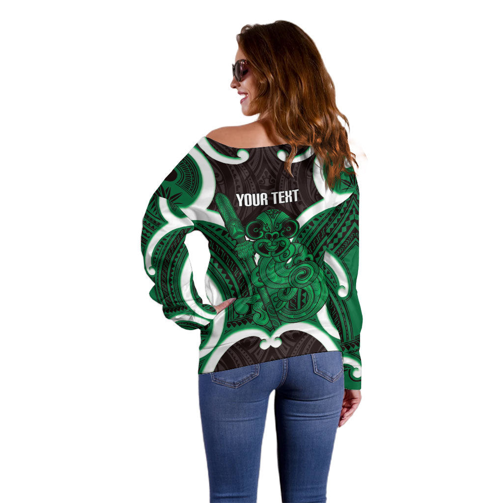 Kakariki Aotearoa Atua Tumatauenga Personalised Off Shoulder Sweater Maori God Of War Tiki With Taiaha