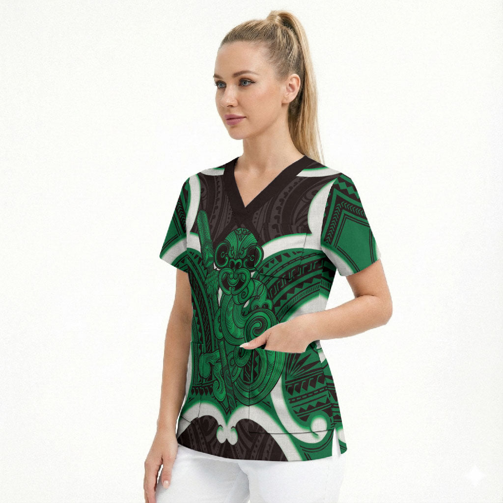 Kakariki Aotearoa Atua Tumatauenga Personalised Scrub Top Maori God Of War Tiki With Taiaha