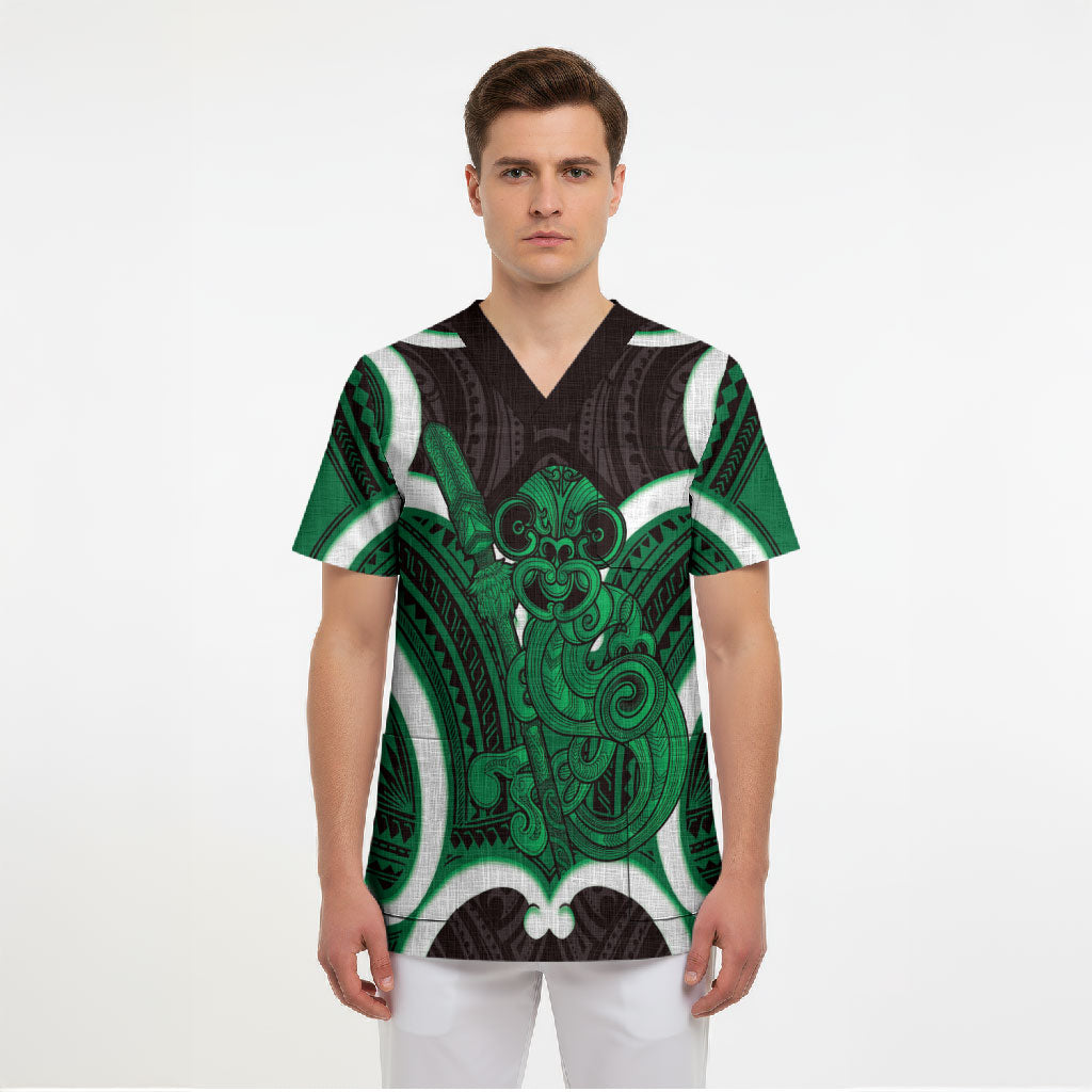 Kakariki Aotearoa Atua Tumatauenga Personalised Scrub Top Maori God Of War Tiki With Taiaha