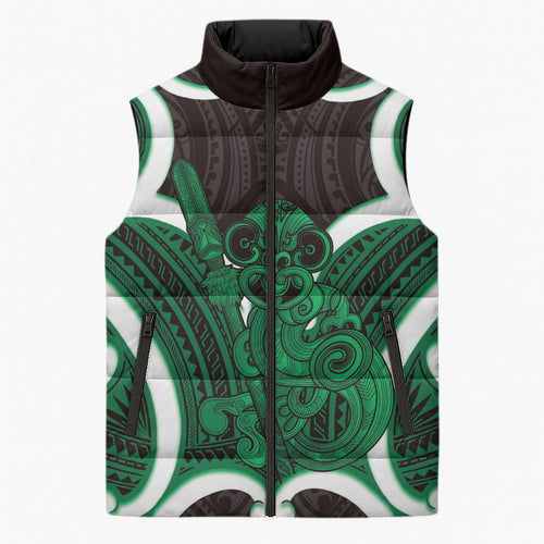 Kakariki Aotearoa Atua Tumatauenga Personalised Sleeveless Puffer Jacket Maori God Of War Tiki With Taiaha