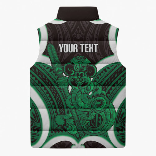 Kakariki Aotearoa Atua Tumatauenga Personalised Sleeveless Puffer Jacket Maori God Of War Tiki With Taiaha