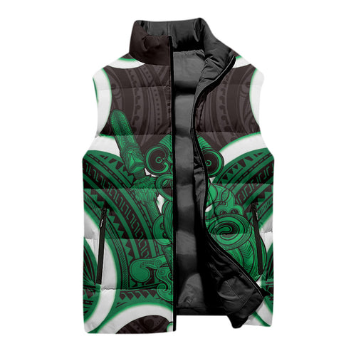Kakariki Aotearoa Atua Tumatauenga Personalised Sleeveless Puffer Jacket Maori God Of War Tiki With Taiaha