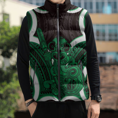 Kakariki Aotearoa Atua Tumatauenga Personalised Sleeveless Puffer Jacket Maori God Of War Tiki With Taiaha