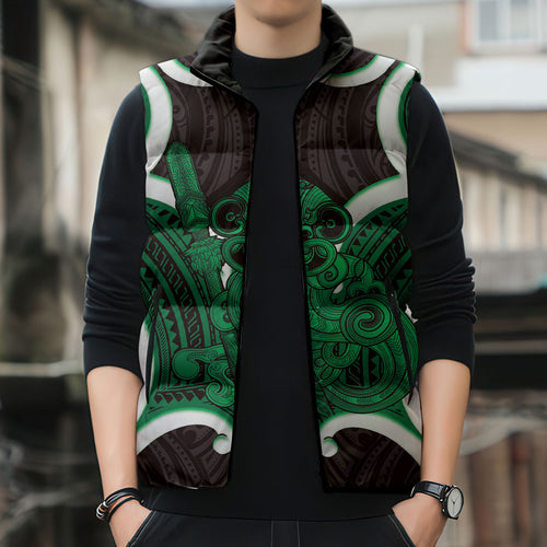 Kakariki Aotearoa Atua Tumatauenga Personalised Sleeveless Puffer Jacket Maori God Of War Tiki With Taiaha