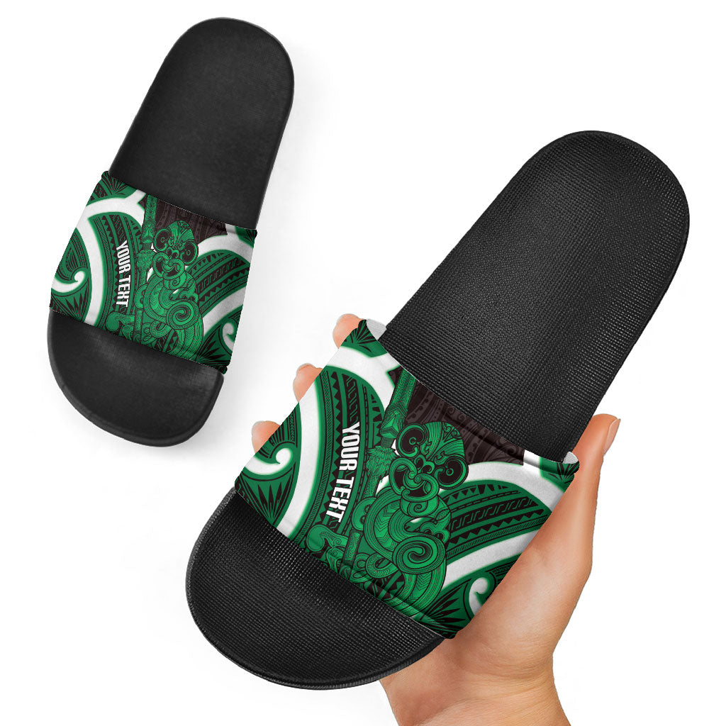 Kakariki Aotearoa Atua Tumatauenga Personalised Slide Sandals Maori God Of War Tiki With Taiaha