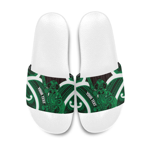 Kakariki Aotearoa Atua Tumatauenga Personalised Slide Sandals Maori God Of War Tiki With Taiaha