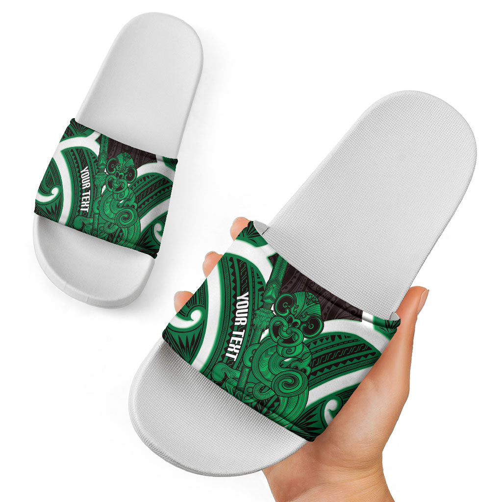 Kakariki Aotearoa Atua Tumatauenga Personalised Slide Sandals Maori God Of War Tiki With Taiaha