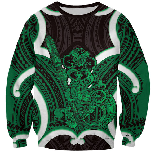 Kakariki Aotearoa Atua Tumatauenga Personalised Sweatshirt Maori God Of War Tiki With Taiaha