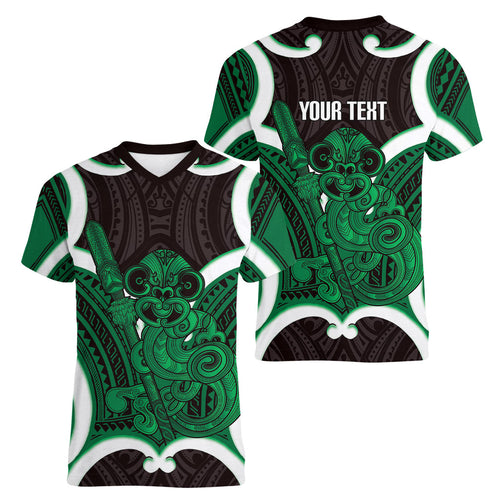 Kakariki Aotearoa Atua Tumatauenga Personalised Women V-Neck T-Shirt Maori God Of War Tiki With Taiaha