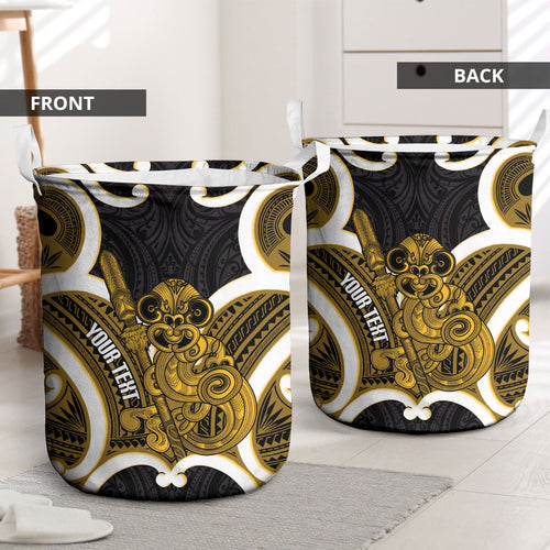 Kowhai Aotearoa Atua Tumatauenga Personalised Laundry Basket Maori God Of War Tiki With Taiaha