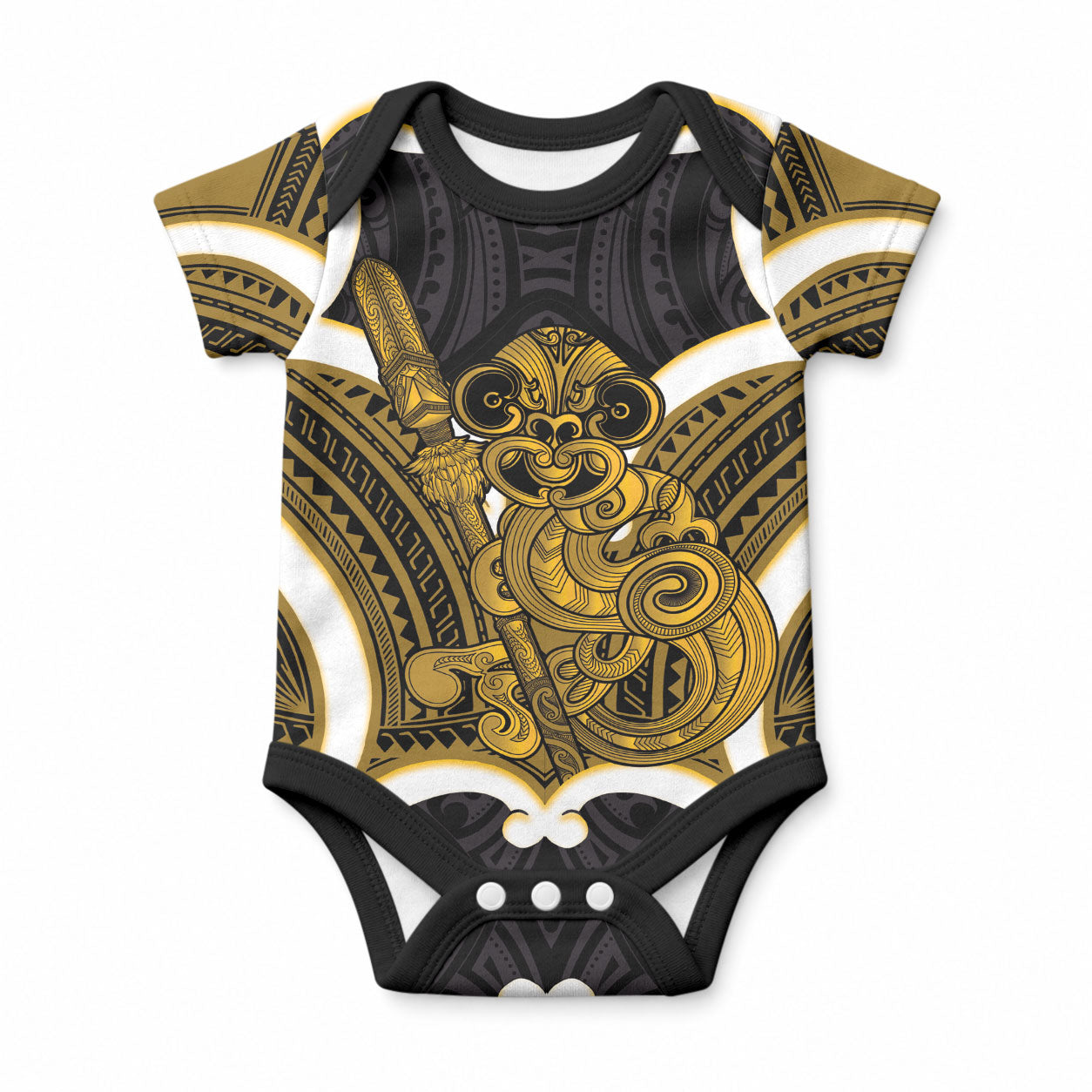 Kowhai Aotearoa Atua Tumatauenga Personalised Baby Onesie Maori God Of War Tiki With Taiaha