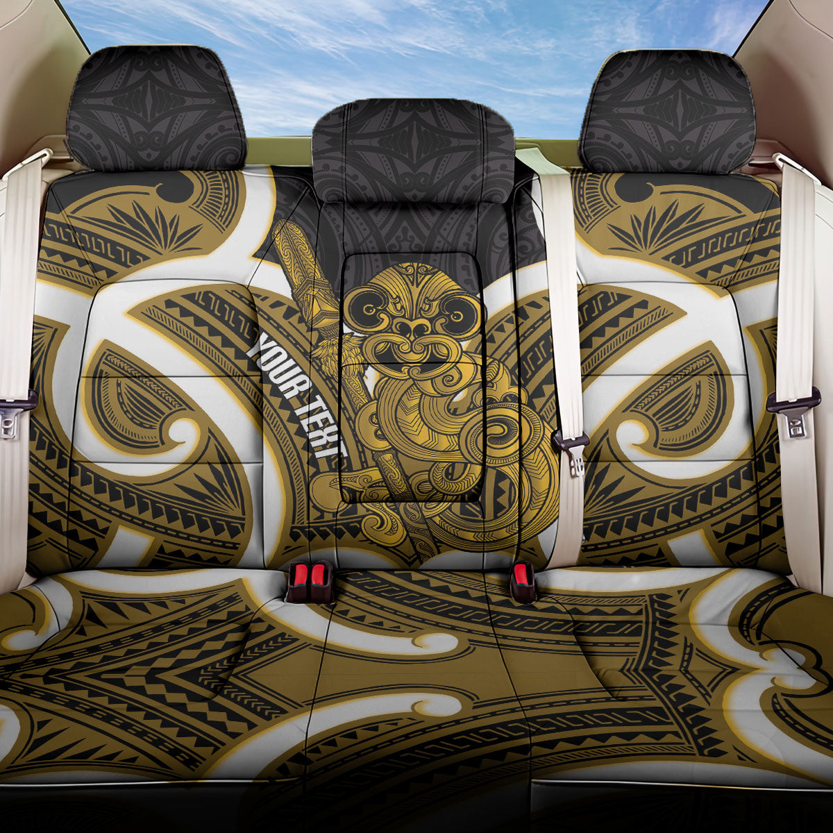 Kowhai Aotearoa Atua Tumatauenga Personalised Back Car Seat Cover Maori God Of War Tiki With Taiaha