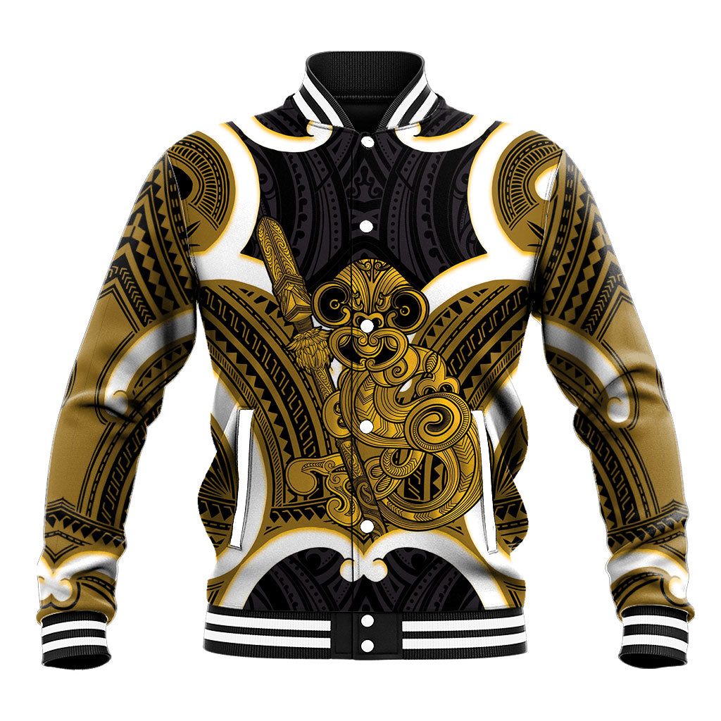 Kowhai Aotearoa Atua Tumatauenga Personalised Baseball Jacket Maori God Of War Tiki With Taiaha
