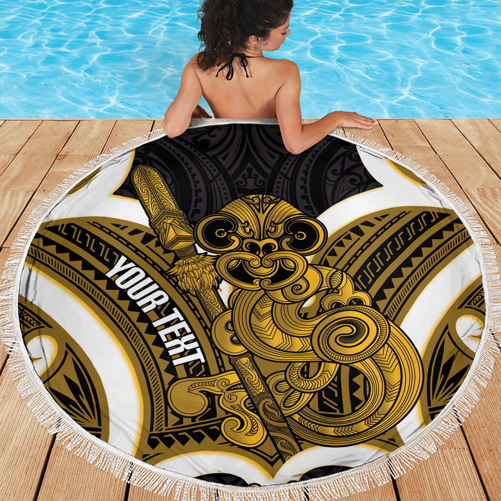 Kowhai Aotearoa Atua Tumatauenga Personalised Beach Blanket Maori God Of War Tiki With Taiaha